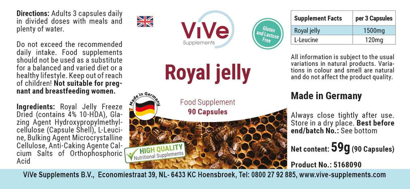 Royal Jelly 500 Mg - 90 Capsules - Standardized To 4% 10-Hda - High Quality According To Iso Standard - Gently Freeze Dried Quality From Germany By Vive Supplements - NewNest Australia