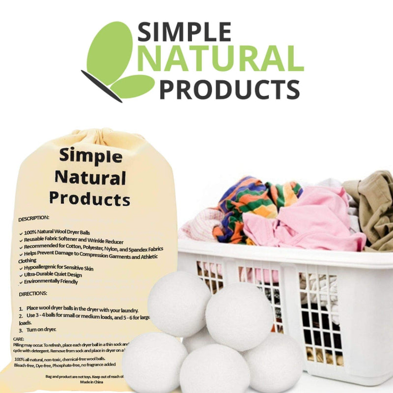 Simple Natural Products Wool Dryer Balls - Fabric Softener and Dryer Sheets for Laundry Supplies – Reusable Wrinkle and Static Guard Wool Balls – Unscented for Sensitive Skin (6 XL Pack) - NewNest Australia