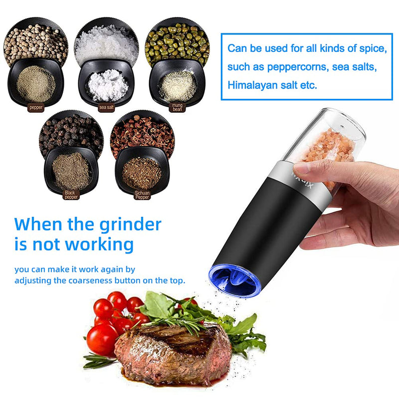 XinXu Gravity Automatic Pepper and Salt Mill, Stainless Steel, Adjustable Coarseness with Blue LED Light, One Hand Operated, Come with Brush, Gift Ideal for Housewarming, Black Black 2X - NewNest Australia