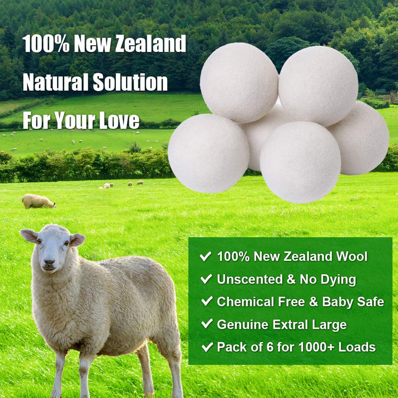 KINTOR Wool Dryer Balls XL 6 Pack 2.95", 100% New Zealand Wool Organic Fabric Softener, Hypoallergenic Baby Safe & Unscented, Chemical Free to Reduce Wrinkles & Static Cling, Shorten Drying Time White - NewNest Australia