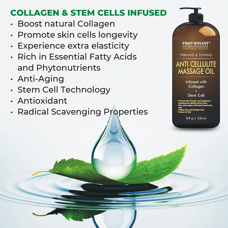 Anti Cellulite Massage Oil - Infused w/ Collagen & Stem Cell - 100% Natural Massage Lotion & Cellulite cream, Remover & Massager - Helps Skin Tightening & Stretch Mark treatment for Women & Men - 8 oz - NewNest Australia
