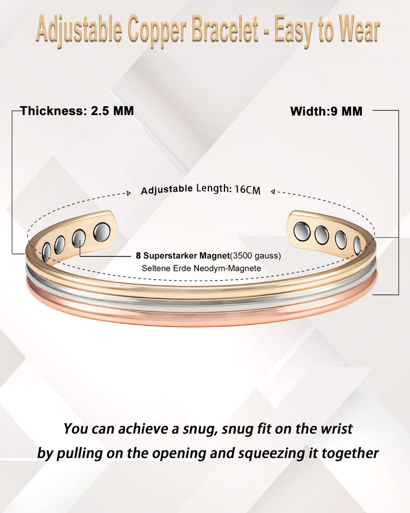 EnerMagiX Tri Tone Magnetic Copper Bracelets for Women or Men, Copper Bangles with 8 Magnets, 6.5'', Adjustable Size, Women's Day Gift for Mom, Wife - NewNest Australia