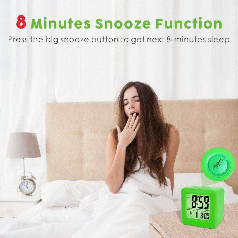 NewNest Australia - Plumeet Digital Alarm Clocks Travel Clock with Snooze and Green Nightlight - Easy Setting Clock Display Time, Date, Alarm - Ascending Sound - Battery Powered (Green) 