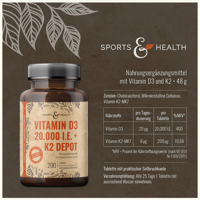 Vitamin D3 K2 tablets - 200 tablets - vitamin D high dose 20,000 IU + 200µg vitamin K2-Mk7 - D3 K2 depot - premium quality - vegetarian - laboratory tested - NewNest Australia
