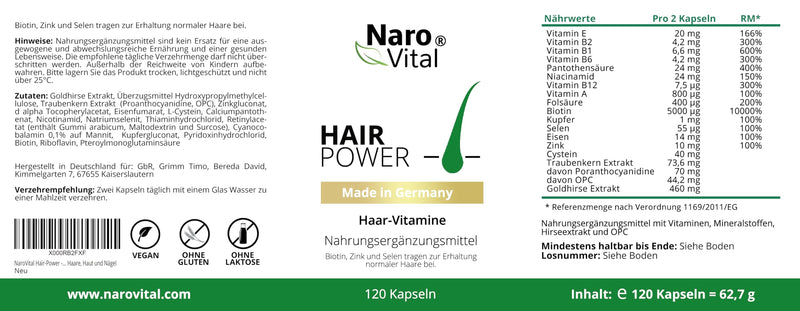 NaroVital hair vitamins - high dosage with biotin, zinc, selenium, OPC, millet extract (rich in silicon and silica) - 120 capsules (2 months) - hair and beard growth - women and men - NewNest Australia