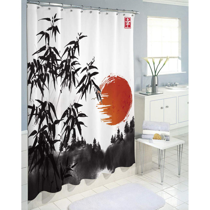 Homewelle Japanese Bamboo Shower Curtain Asian Ink Painting Black Tree Stems 60Wx72H Red Sun Mountains Waterproof 12 Pack Hooks Polyester Fabric Bathroom Bathtub - NewNest Australia