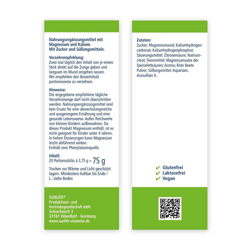 SUNLIFE Magnesium & Potassium Sticks 3 x 20 sticks - magnesium potassium with cherry flavor - sticks with 400mg magnesium & 375mg potassium - vegan & gluten-free - for quick direct consumption - NewNest Australia