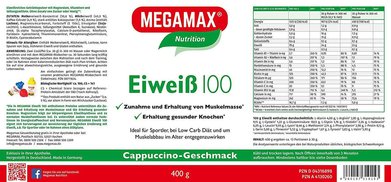 Megamax Protein Cappuccino 400 G, Whey Protein + Milk Protein For Muscle Building, Diet, 2K Protein Ideal For Baking, High-Quality Low Carb Protein Shake, Apartame-Free Protein Powder With Amino Acid - NewNest Australia