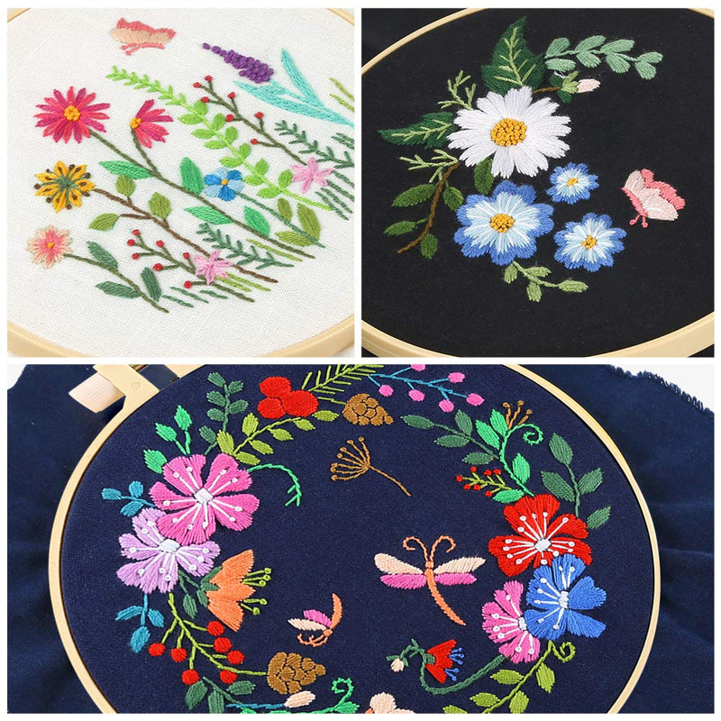 Caydo 3 Sets Embroidery Starter Kit with Pattern and Instructions, Cross Stitch Kits Include 3 Embroidery Cloth with Floral Pattern, 3 Plastic Embroidery Hoops, Color Threads and Tools Black - NewNest Australia