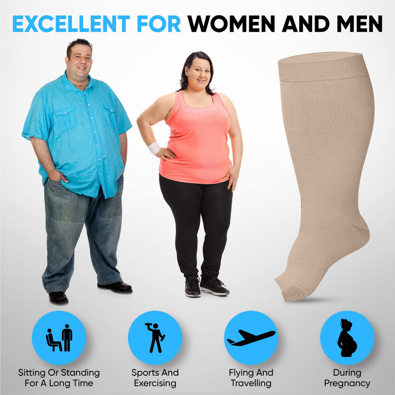 Compression Socks, Flight Socks for Women and Men. (2 Pairs) Plus Size, Wide Calf, Medical Compression Stockings. Knee High with Open Toe. Excellent Support, Helps with Varicose Veins. 6XL - NewNest Australia