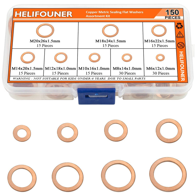 HELIFOUNER Copper Washers, 150PCS 8 Sizes Copper Metric Sealing Washers Flat Washers Assortment Kit - NewNest Australia