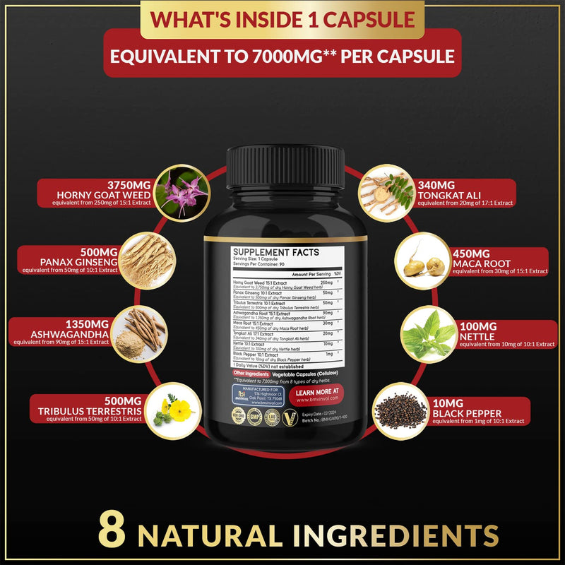 Horny Goat Weed Capsules - 7000mg Herbal Equivalent - Maca, Ginseng, Tribulus Terrestris, Ashwagandha - Performance and Energy Support - 3 Month Supply - NewNest Australia