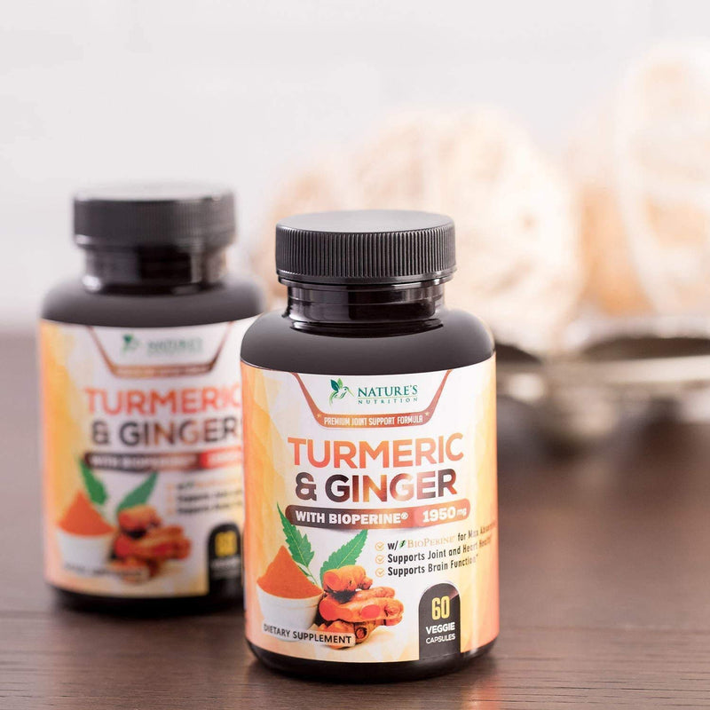 Turmeric Curcumin with BioPerine & Ginger 95% Curcuminoids 1950mg - Black Pepper for Absorption, Made in USA, Natural Immune Support, Turmeric Ginger Supplement by Natures Nutrition - 60 Capsules 60 Count (Pack of 1) - NewNest Australia