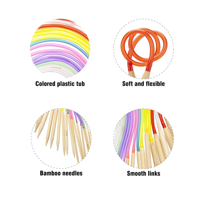 24 Inch Bamboo Circular Knitting Needles Set for Beginners Adults, 18 Pairs Wooden Round Yarn Knitting Needles with Plastic Magic Loop for Sweater, Socks-US 0-15 (2-10mm), Double Pointed Flexible - NewNest Australia