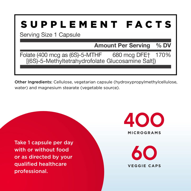 Jarrow Formulas Methyl Folate 400 mcg - 60 Veggie Caps - Highly Biologically Active Form of Folate - 4th Generation Folic Acid Technology - 60 Servings 60 Count (Pack of 1) - NewNest Australia