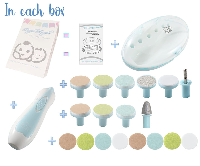 Baby Nail Clippers 20 in 1 by Royal Angels Baby | Safe Electric Baby Nail Trimmer, Baby Nail File Kit, Additional Replacement Heads, Newborn Toddler Toes and Fingernails, Trim and Polish (Blue) Blue - NewNest Australia