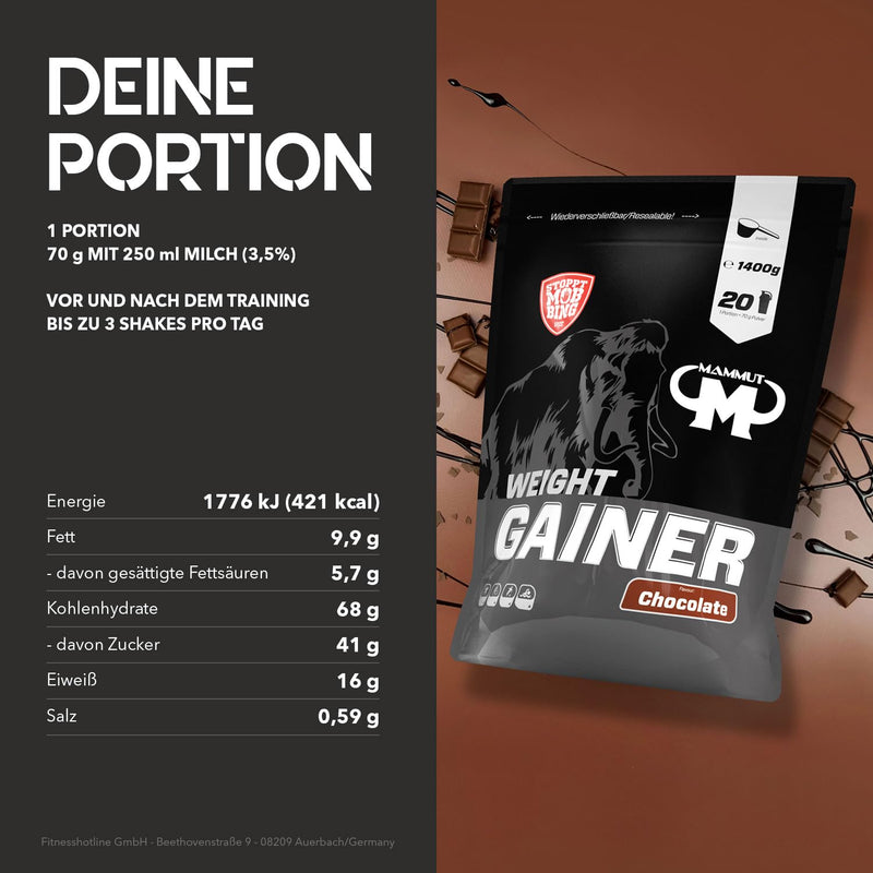 Mammut Nutrition Weight Gainer Crash 5000 Chocolate, carbohydrates, mass building gainer with creatine, 1400 g zip bag 1.4 kg (pack of 1) - NewNest Australia