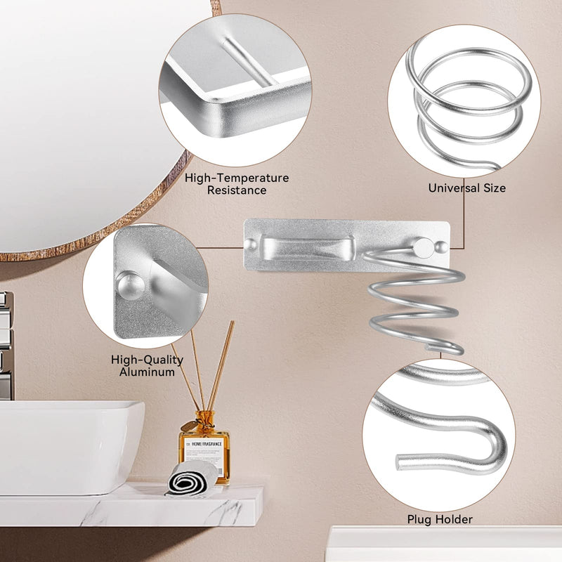 YUET Hair Dryer Holder Hairdryer Station Wall Mounted Spiral Shelf Bracket Stand Hanger Straightener Organizer Blow Storage with Holes Rack For Bathroom Aluminum Professional Silver - NewNest Australia