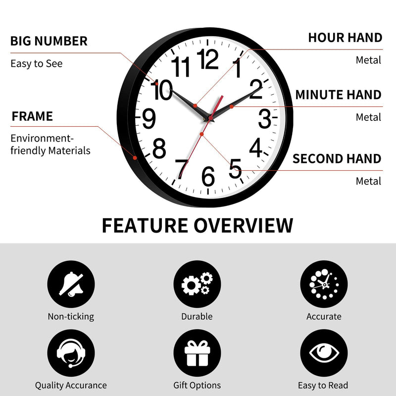 Rohioue Wall Clock, Modern 10 Inch Battery Operated Wall Clocks, Silent Non Ticking Small Analog Clock, for Bedroom, Kitchen, Bathroom, Office, Home, Living Room (Black) - NewNest Australia