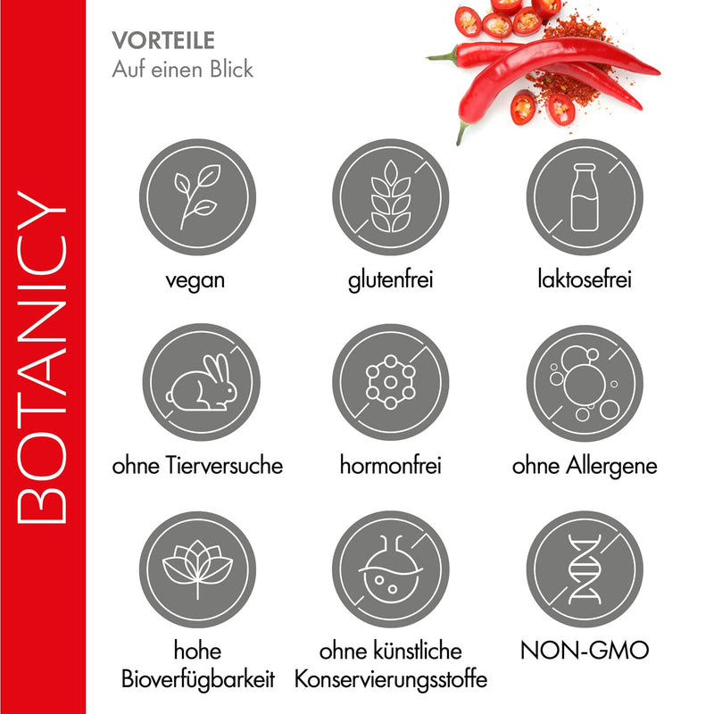 BOTANICY Red Chili Burner - branded raw material Capsimax® made from red chili - promotes fat burning, regulates appetite - hormone-free, vegan - 60 capsaicin capsules - NewNest Australia