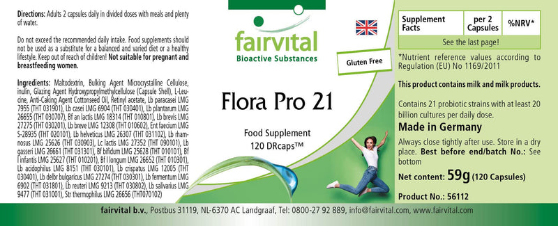 Fairvital Flora Pro 21 - Bacterial Culture Complex - 120 Time-Delayed Capsules - 21 Bacterial Strains - 20 Billion Colony-Forming Units - Quality Tested And High Dose - Made In Germany - NewNest Australia