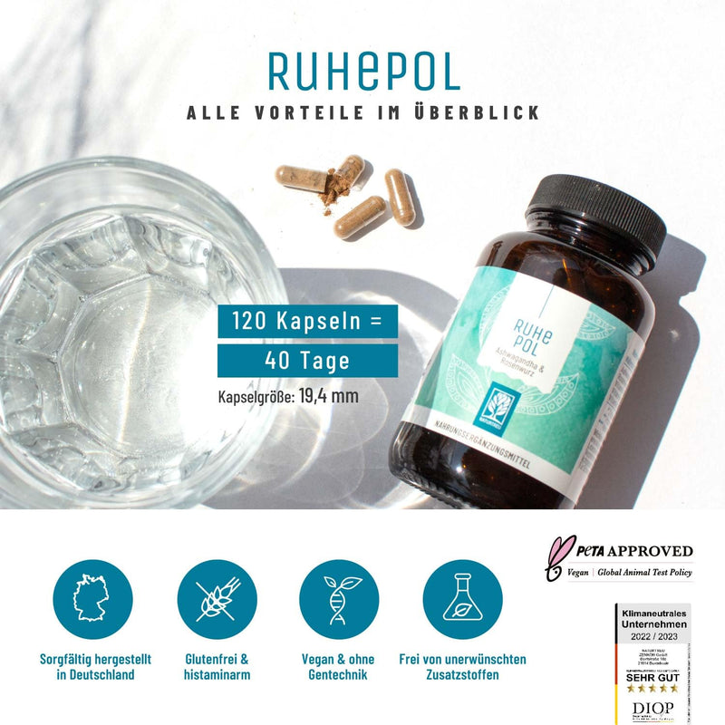 NATURTREU Ashwagandha roseroot capsules, high dosage - comparison winner 2020* - 500 mg each of Ashwagandha + Rhodiola Rosea extract - haven of peace: vegan, plant-based and without additives - 120 Ashwagandha capsules - NewNest Australia