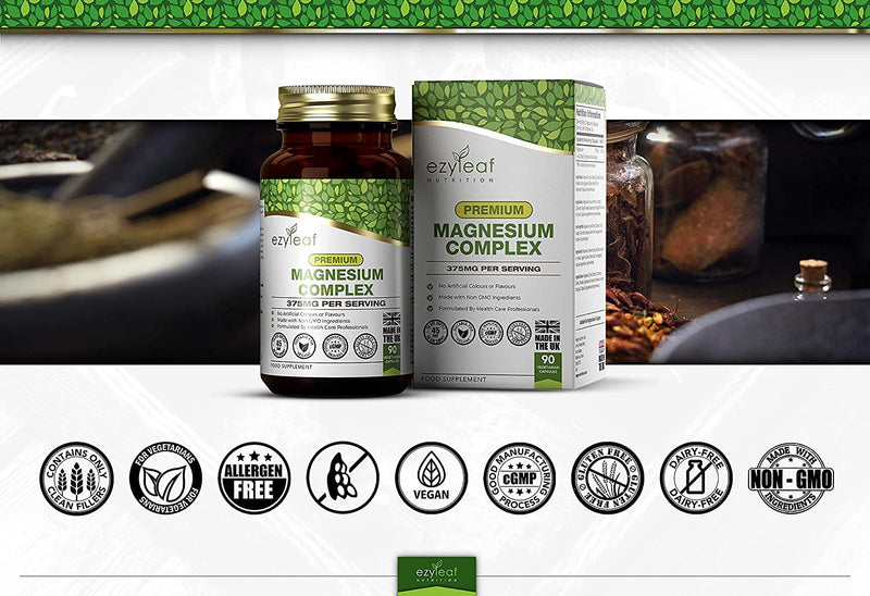 Ezyleaf Magnesium High Dose Capsules | 375Mg Magnesium Per Serving | Magnesium Glycinate, Magnesium Malate & Magnesium Citrate | 90 Vegan Capsules | Iso Certified, Allergen & Gluten Free | Made In The - NewNest Australia