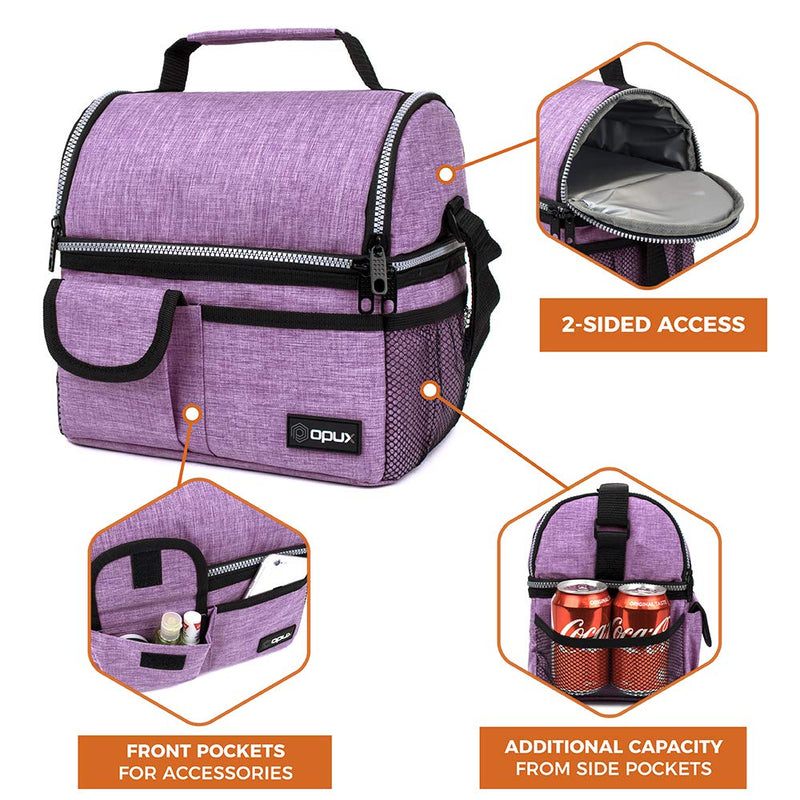 NewNest Australia - OPUX Insulated Dual Compartment Lunch Bag for Women | Double Deck Reusable Lunch Pail Cooler Bag with Shoulder Strap, Soft Leakproof Liner | Large Lunch Box Tote for Work, School (Purple) Heather Purple 