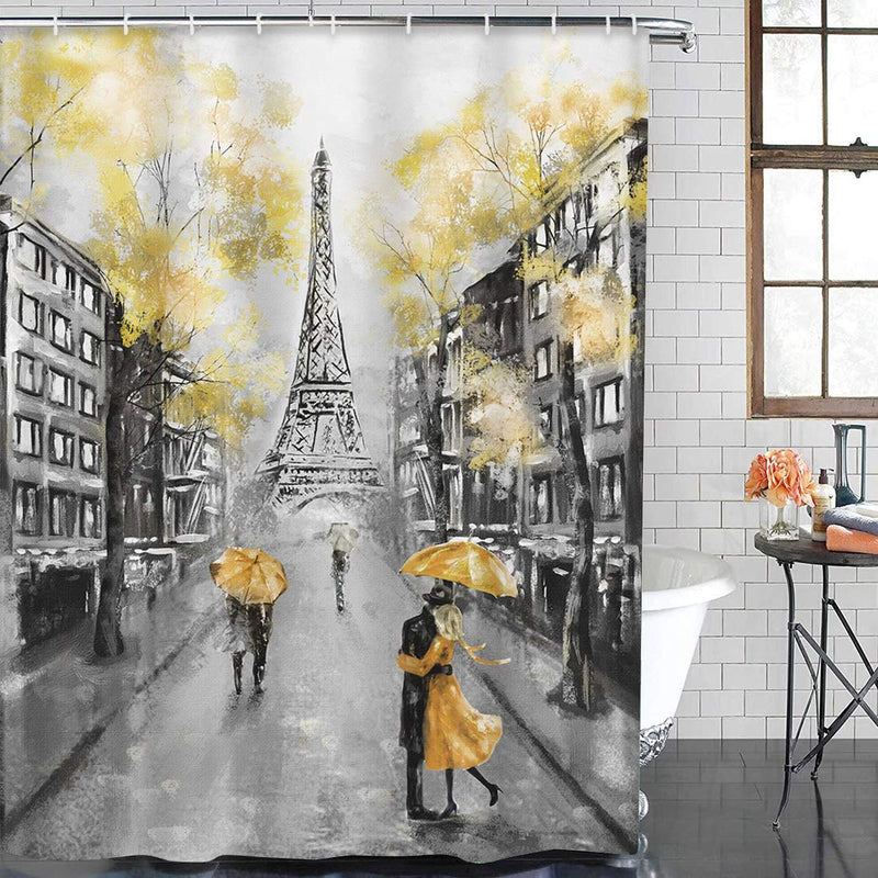 Emvency Shower Curtain Oil Painting Paris European City Landscape France Eiffel Tower Black White and Yellow Modern Couple Under Waterproof Polyester Fabric 72 x 72 inches Set with Hooks 72"W x 72"L - NewNest Australia