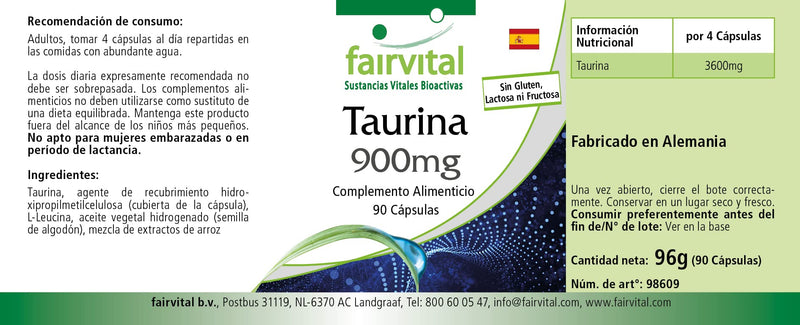 Fairvital | Taurine 900mg capsules - HIGH DOSE - VEGAN - 90 capsules - NewNest Australia