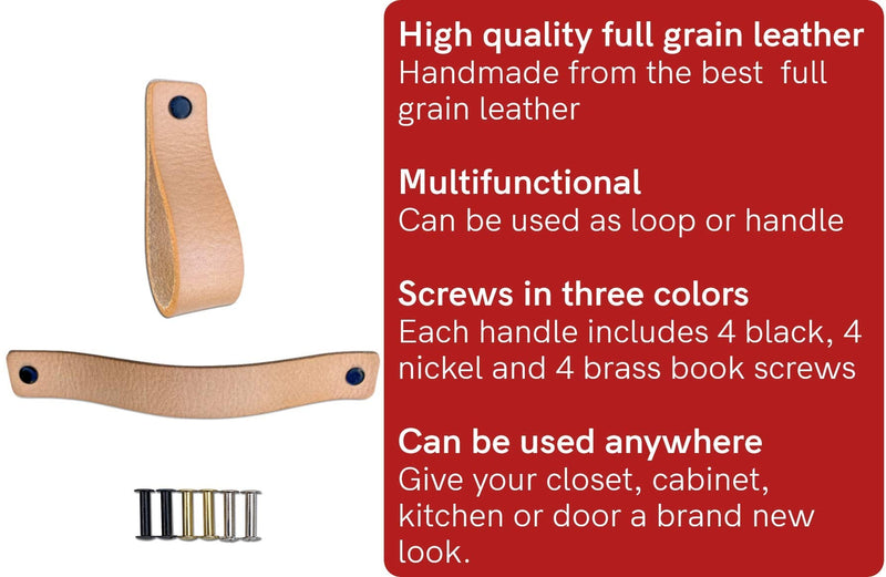 Brute Strength - Leather Handles for Furniture - Natural - 2 pcs - 7-7/8 x 1 ’’ - Leather Drawer Pull - Leather Drawer knobs - Cabinet pulls - Kitchen, bathroon, Dresser 2 Pieces - NewNest Australia