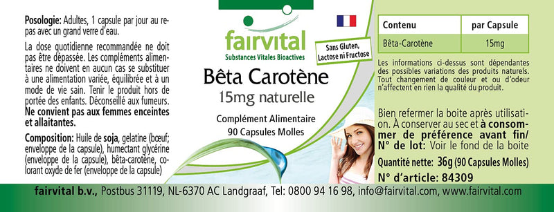 Fairvital | Beta carotene 25,000 IU - 15mg per capsule - HIGH DOSE - Provitamin A - 90 softgels - NewNest Australia