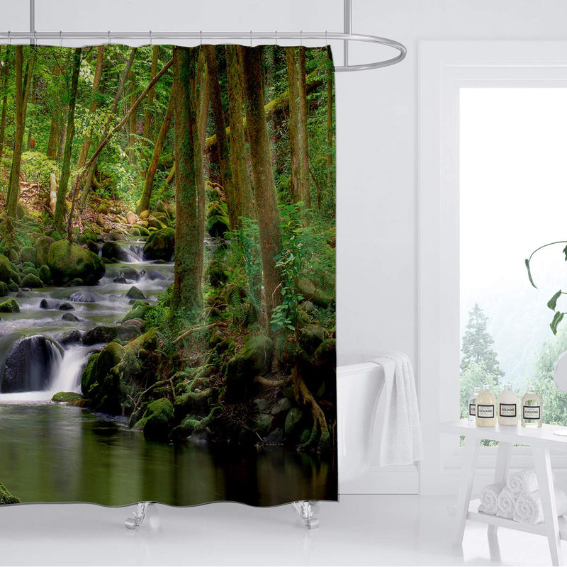 Nature Shower Curtain Flowing Stream Forest Waterfall Natural Landscape Green Trees Jungle Mossy Rocks Themed Scenery Waterproof Fabric Bathroom Decor 72x72 Inch Plastic Hooks 12PCS - NewNest Australia