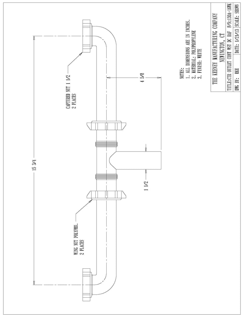 Keeney 130A-16WK 1-1/2-Inch by 16-Inch Center Outlet Continuous Waste Drain Direct Connect, White - NewNest Australia