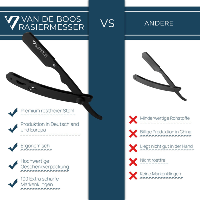 Van De Boos® razor set with 100 Derby interchangeable blades - high-quality stainless steel barber beard knife with extra sharp blades - barber razor knife for precise beard wet shaving (men) stainless steel black + 100 Derby Professional - NewNest Australia