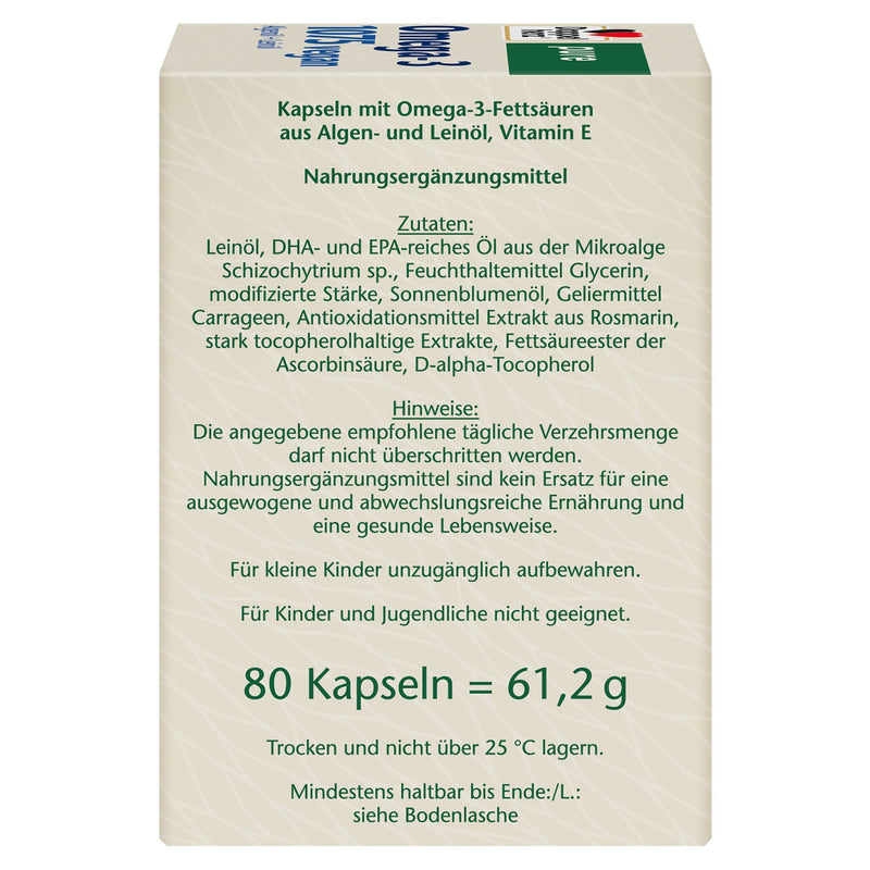 Doppelherz pure Omega-3 1075 vegan - algae oil + linseed oil - alpha-linolenic acid contributes to maintaining normal cholesterol levels - 80 capsules Single 80 pieces (pack of 1) - NewNest Australia