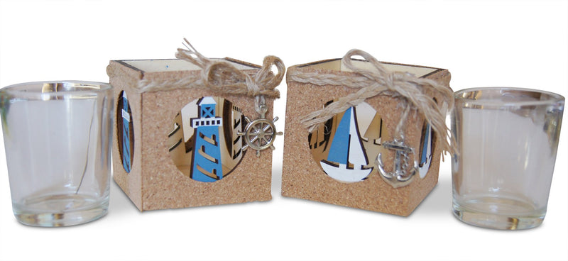 NewNest Australia - Shoreside Nautical 2-Piece Lighthouse & Sailboat Cork Covered Rustic Tea Light Candle Holder Home & Room Beach Decor 