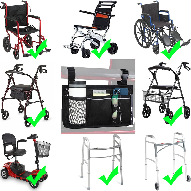 Wheelchair Side Organizer Storage Bag Armrest Pouch with Cup Holder and Reflective Stripe Use Waterproof Fabric, for Most Wheelchairs, Walkers or Rollators (Black) Black - NewNest Australia