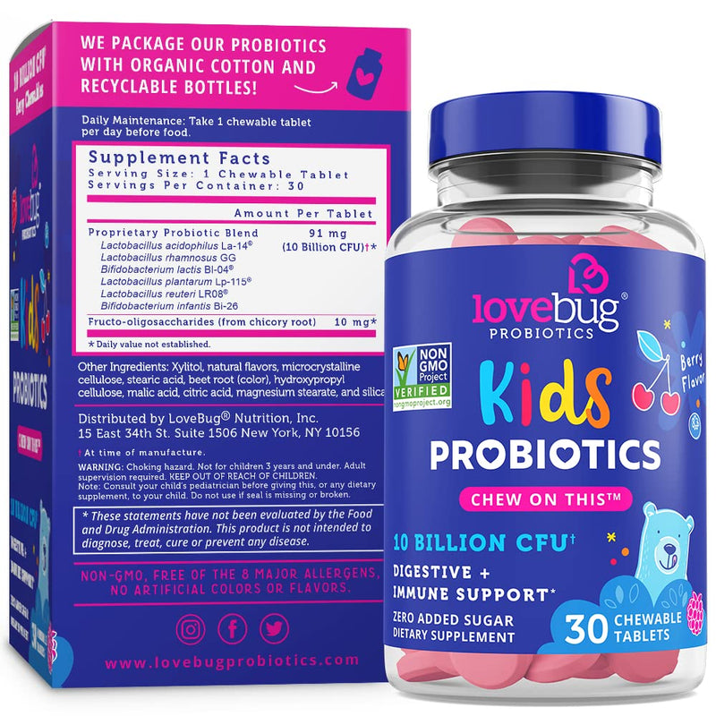 LoveBug Probiotics for Kids Immune Support, 10 Billion CFU & 6 Strains, 30 Natural Berry Flavored Chewable Tablets, Probiotic Supplement for Digestive & Immune Health, Allergen Friendly. - NewNest Australia