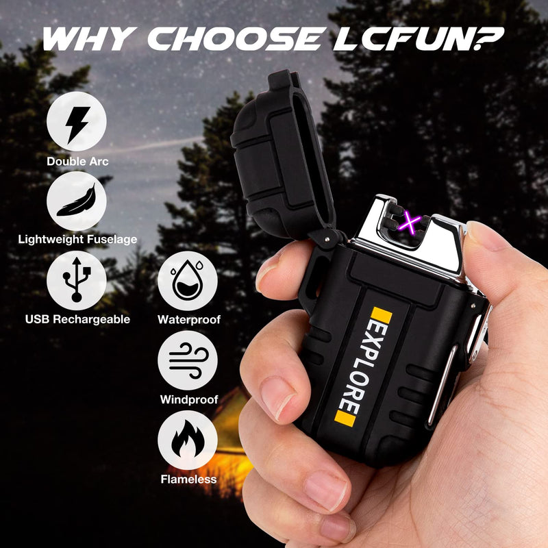 Waterproof Lighter Outdoor Windproof Lighter Dual Arc Lighter Electric Lighters USB Rechargeable-Flameless-Plasma Cool Lighters for Camping,Hiking,Adventure,Survival Tactical Gear (Black) Black - NewNest Australia