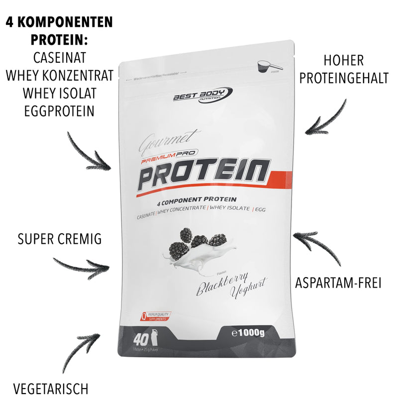 Best Body Nutrition Gourmet Premium Pro Protein, Blackberry Yoghurt, 4 Component Protein Shake: Caseinate, Whey Concentrate, Whey Isolate, Egg Protein, 1 Kg Zip Bag - NewNest Australia