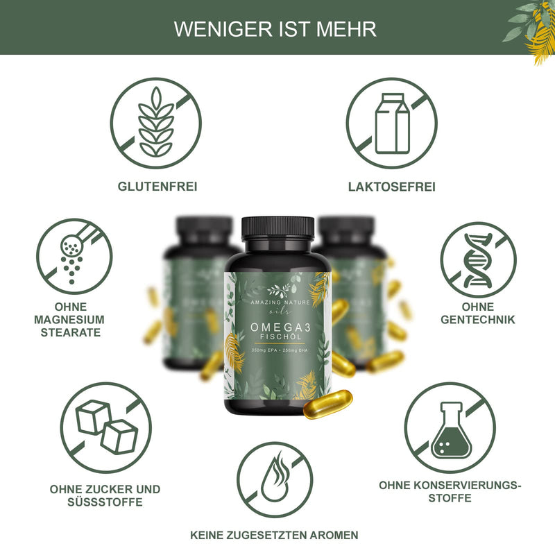 Amazing Nature® Omega 3 capsules High dosage with 1000 mg of high-quality fish oil per capsule and the fatty acids EPA & DHA 1 x 120 Omega-3 capsules from sustainable fishing - NewNest Australia