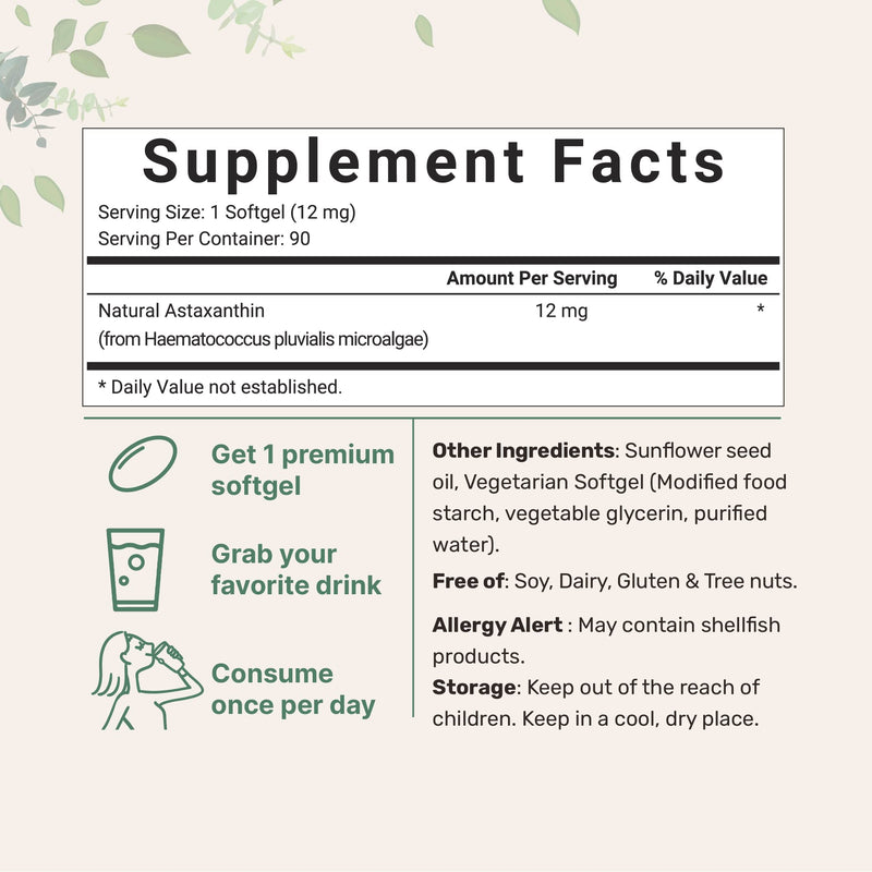 Natural Astaxanthin 12mg, 90 Softgels, 3 Month Supply, Premium Astaxanthin Supplements (MicroAlgae), Supports Eye, Joint, Cardiovascular Health and Antioxidant, Easy to Swallow - NewNest Australia