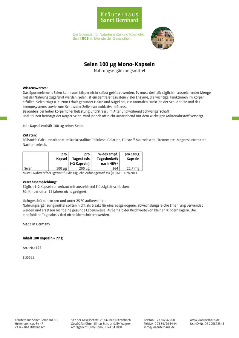 Sanct Bernhard Selenium 100 µg mono capsules with pure selenium, contents 180 capsules - NewNest Australia