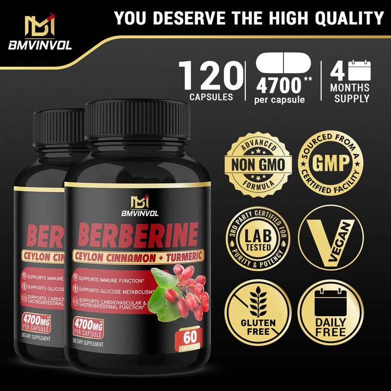(2 Packs) Berberine Supplement 4700mg with Ceylon Cinnamon, Turmeric -120 Capsules - Supports Glucose Metabolism, Immune Function, Healthy Blood Sugar - Berberine HCl Supplement Pills- 4 Months Supply - NewNest Australia