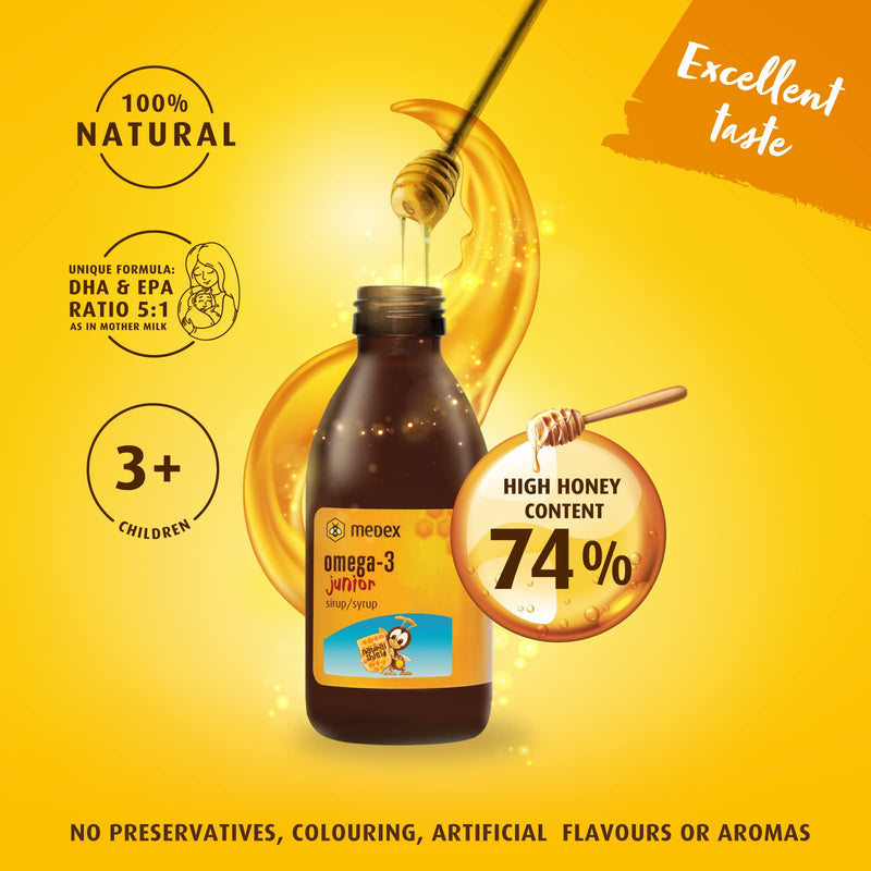 Medex Omega 3 Children'S Junior Syrup, 74% Honey Based - 143 G Honey, Excellent Taste, 250 Mg Dha, 50 Mg Epa; Added Vitamins A, B12, C, D, E, Folic Acid, From 3 Years, 140 Ml - NewNest Australia