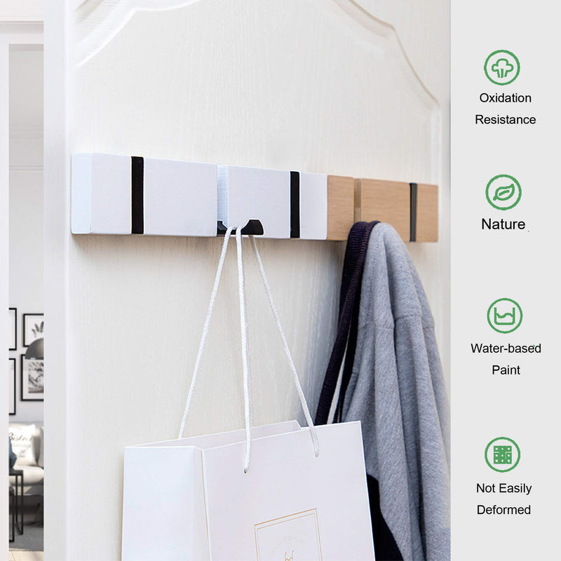 NewNest Australia - KYSMOTIC Wooden Wall Mounted Folding Coat Rack – Modern, Sleek Space-Saving Hanger for Entryway, Hallway, Living Room, Bedroom, Bathroom – White 4 Hooks 