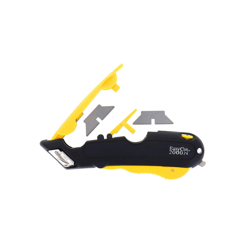 Modern Box Cutter, extra tape cutter at back, dual side edge guide, 3 blade depth setting, 2 blades and holster - Yellow Color 2000N - NewNest Australia