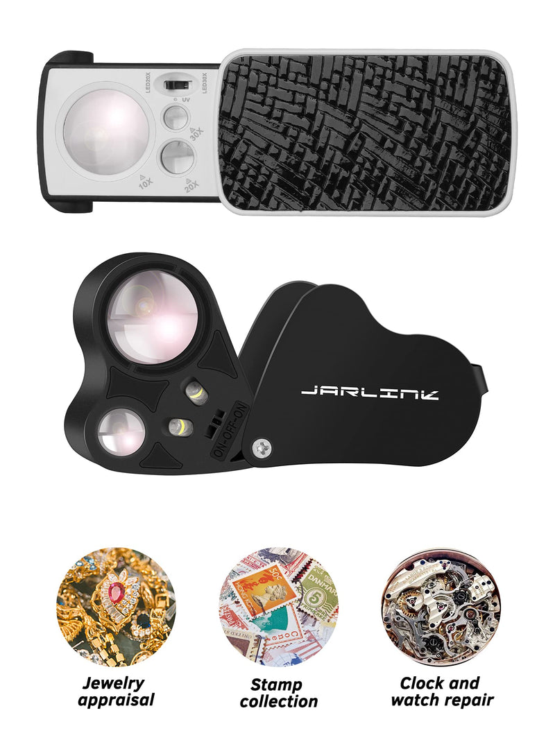 JARLINK 2 Pack Jewelry Loupes, 30X 60X Illuminated Loupe Magnifier and Foldable Jewelry Magnifier with Bright LED Light for Gems, Jewelry, Coins, Stamps, etc (Black) Black - NewNest Australia