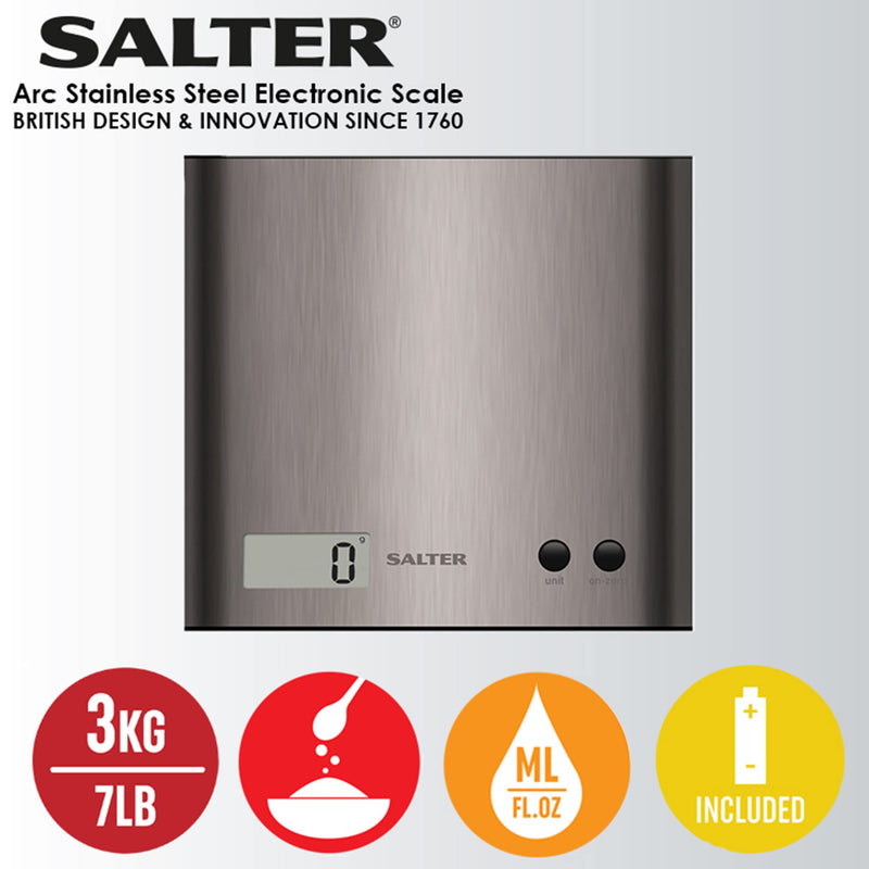 Salter 1087 SSDR Arc Digital Kitchen Scale, 3 Kg Maximum Capacity, Curved Design, Home Kitchen Cooking Scale, LCD Display, Easy to Clean, Add , Weigh, Compact, Stainless Steel Silver - NewNest Australia